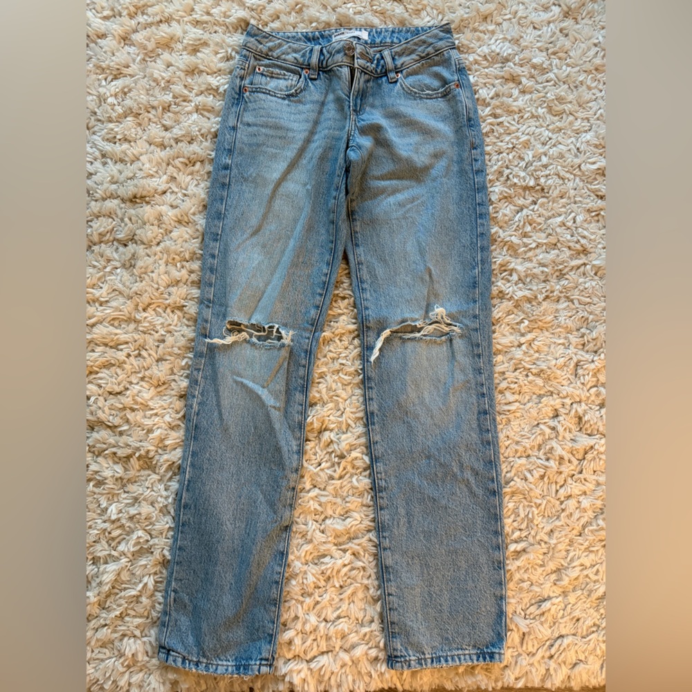 Garage Light Blue Distressed Straight Leg Jeans low rise